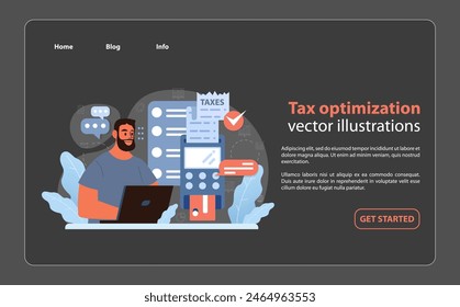 Independencia financiera, Anuncio de Web nocturno o en modo oscuro o página de aterrizaje. Optimización fiscal. Alfabetización financiera y desarrollo del presupuesto personal. Ilustración vectorial plana