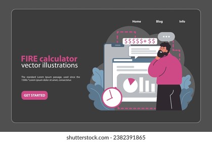 Financial independence, FIRE night mode or dark mode web banner or landing page. Investment portfolio calculator. Financial return on investing. Savings for early retirement. Flat vector illustration