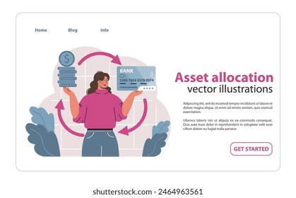 Independencia financiera, Anuncio del Web FIRE o landing page. La mujer joven asigna su presupuesto. Ahorro de dinero e inversión para la jubilación anticipada. Alfabetización financiera. Ilustración vectorial plana