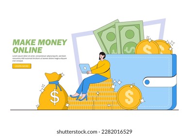 Financial independence and increasing income concept. Young successful business woman sitting a stack of coins and makes money online. Design style minimal vector illustration for landing page.