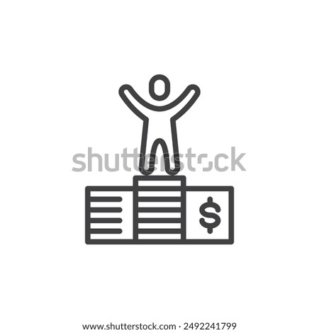 Financial Independence line icon. linear style sign for mobile concept and web design. Person standing on a stack of coins with open arms outline vector icon. Symbol logo illustration. Vector graphics