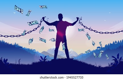 Financial independence - Male person breaking chains and achieving money freedom. Rich and independent concept. Vector illustration.