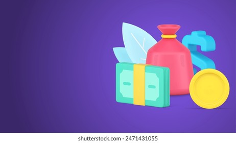 Financial independence, richness and business wealth with sack of money, stack of currency, dollar symbol 3d icon isometric vector illustration. Currency budget, business wage, salary, richness