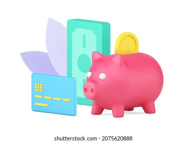 Financial independence, saving and wealth with coins piggy bank, cash dollar money and credit card 3d isometric vector illustration. Profit, contactless payment and e commerce business retail isolated