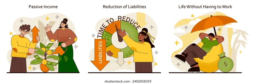 Financial Independence set. Cultivating passive income streams, reducing liabilities, and embracing a work-free lifestyle. Strategy for wealth and freedom. Flat vector illustration.