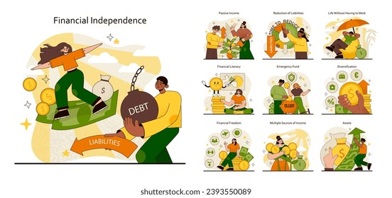 Financial independence set. Steps to wealth, managing debt, and smart savings. Nurturing income and emergency planning. Flat vector illustration.