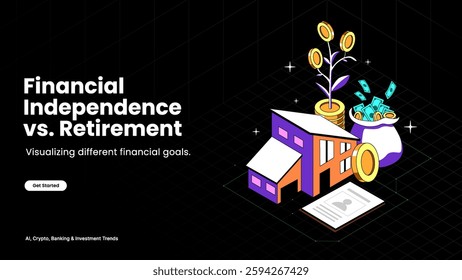 Financial Independence vs. Retirement – Wealth Freedom vs. End-of-Career Savings Illustrated with Graphs, Money, and Lifestyle Icons | Financial Planning Vector Design