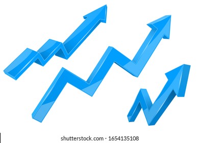 Financial indication arrows. Up blue shiny 3d graphs. Vector illustration isolated on white background