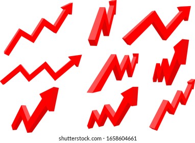 Financial indication arrows. Up red shiny 3d graph. Vector illustration isolated on white background