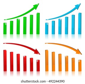 Financial indication arrows. Rising and falling statistic graphic. Vector illustration isolated on white background