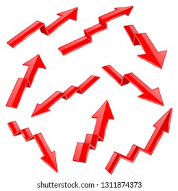 Financial indication arrows set. Red 3d shiny icons. Vector illustration isolated on white background