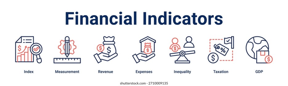 Indicadores Financieros Concepto de Ilustración vectorial de ícono de Web de Anuncio para negocios con ícono de Índice, Medición, Ingresos, Gastos, Desigualdad, Fiscalidad.