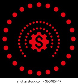 Financial Industry Protection vector icon. Style is flat circled symbol, red color, rounded angles, black background.