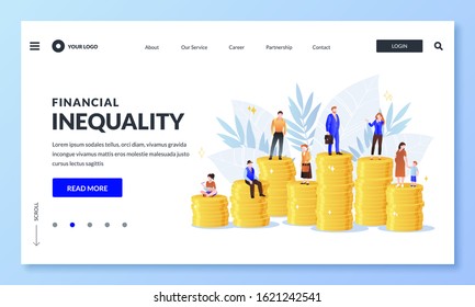 Financial inequality, difference in salary income business concept. Miniature men and women on unequal money stacks, rich and poor people metaphor. Vector illustration for web landing page or banner