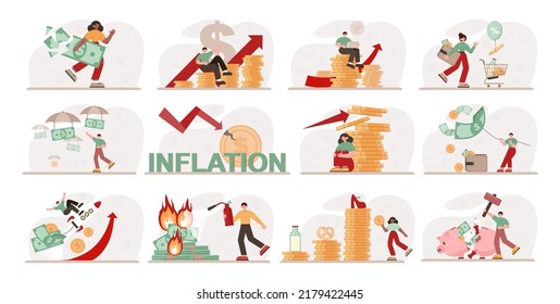 Financial Inflation Concept Set. Growing Up Prices For Goods And Value Of Money Recession. Economics Crisis And Business Risk. Flat Vector Illustration