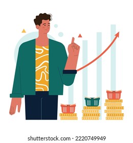Concepto de inflación financiera establecido. Aumentar los precios y el valor de la recesión monetaria. Crisis económica y riesgo empresarial. Ilustración vectorial plana