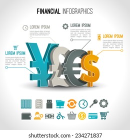 Financial infographic set with 3d currency exchange signs vector illustration