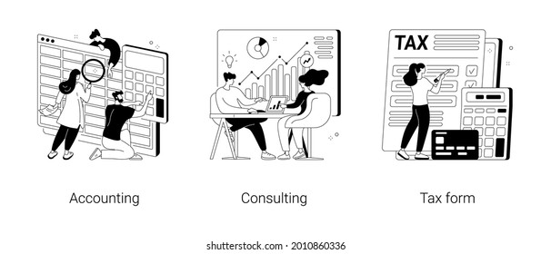 Financial information abstract concept vector illustration set. Accounting, consulting, tax form, tax filing, audit service, online application software, business strategy abstract metaphor.