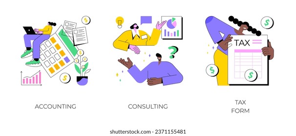 Financial information abstract concept vector illustration set. Accounting, consulting, tax form, tax filing, audit service, online application software, business strategy abstract metaphor.