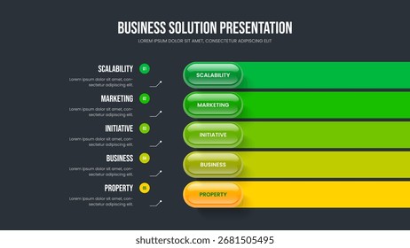 Ilustração do vetor de modelo de apresentação de slides de inovação financeira. Layout de apresentação infográfica de cinco etapas da solução de marketing. Lançamento da empresa 5 Element Diagram Frame Design.