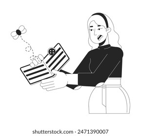 Financial insecurity black and white cartoon flat illustration. Disappointed caucasian woman with empty wallet 2D lineart character isolated. Lack of money monochrome scene vector outline image