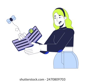 Financial insecurity line cartoon flat illustration. Disappointed caucasian woman with empty wallet 2D lineart character isolated on white background. Lack of money scene vector color image