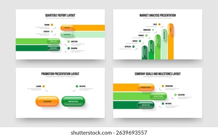 Financial Insight Four Five Two Three Element Diagram Slideshow Design Vector Illustration Bundle. Corporate Innovation 4 5 2 3 Step Infographic Presentation Layout Set.