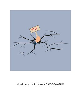 Financial insolvency, bankruptcy. Businessman's hand inside a crack in the ground. Keep a sign that says "Help". Rescue or loss business concept. Vector