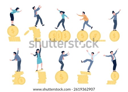 Financial instability. Balancing on money coins, business and investments risks. Economic imbalance, keep balance in hard time, recent vector illustration