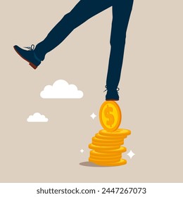 Financial instability. Businessman on unstable coins. Modern vector illustration in flat style