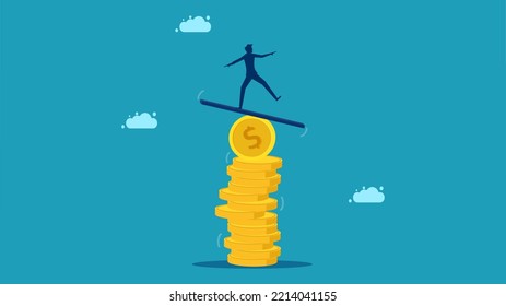 Financial instability. Businessman standing on an unstable coin. vector illustration