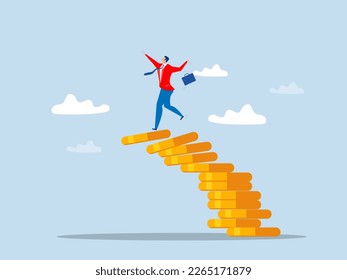 Financial instability cocept,businessman investor falling from stack of unstable money coins Unstable investment market, risky situation or economic recession, crisis or bankruptcy.vector illustrator