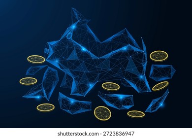 Inestabilidad financiera, el colapso de los activos digitales. Una hucha rota, rodeada de fragmentos y monedas. El concepto de banca en línea, las criptomonedas y la inestabilidad de la economía digital.