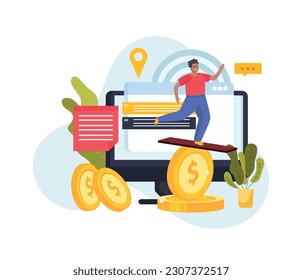 Financial instability composition of flat finance icons with coins messenger app bubbles computer and worker character vector illustration
