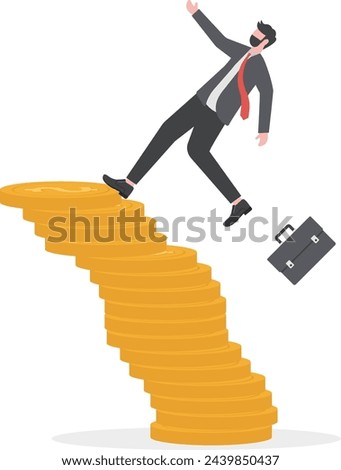 Financial instability concept, businessman investor falling from stack of unstable money coins Unstable investment market, risky situation or economic recession, crisis or bankruptcy.vector illustrato