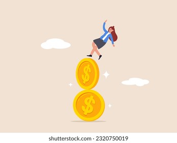 Financial instability concept. Uncertainty or unstable investment market, risky situation, economic recession, crisis or bankruptcy, businesswoman investor falling from stack of unstable money coins.