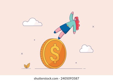 Financial instability concept. Uncertainty or unstable investment market, risky situation, economic recession, crisis or bankruptcy, businesswoman investor falling from stack of unstable money coins.