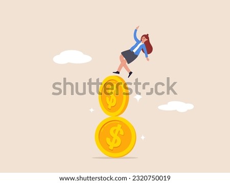 Financial instability concept. Uncertainty or unstable investment market, risky situation, economic recession, crisis or bankruptcy, businesswoman investor falling from stack of unstable money coins.