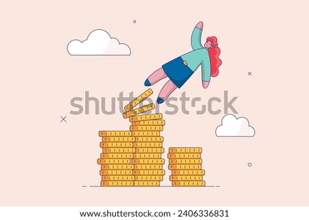 Financial instability concept. Uncertainty or unstable investment market, risky situation, economic recession, crisis or bankruptcy, businesswoman investor falling from stack of unstable money coins.