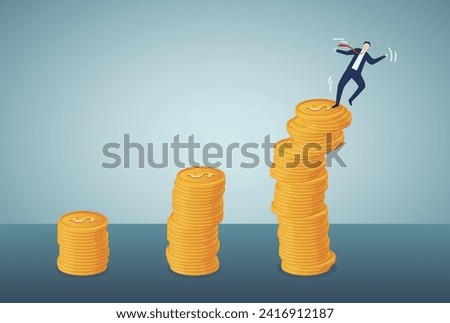 Financial instability concept. Uncertainty or unstable investment market, risky situation, economic recession, crisis or bankruptcy, businessman investor falling from stack of unstable money coins.
