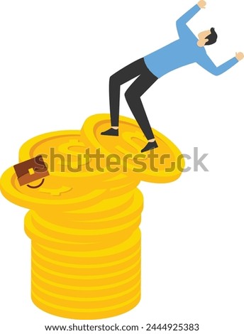 Financial instability concept. Uncertainty or unstable investment market, risky situation, economic recession, crisis or bankruptcy, businessman investor falling from stack of unstable money coins.

