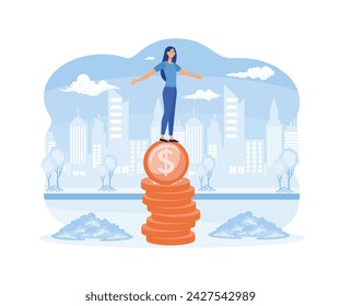 Financial Instability Concept. Woman Balancing On Coin, Financial Planning, Investing, Impact Of Recession On Business Or Economic related Content. flat vector modern illustration