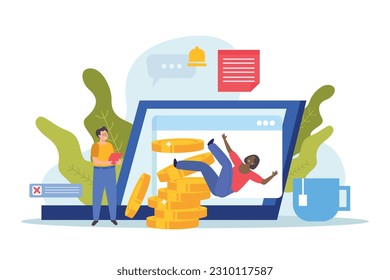 Financial instability flat icons composition on blank background with doodle people falling from stack of coins vector illustration
