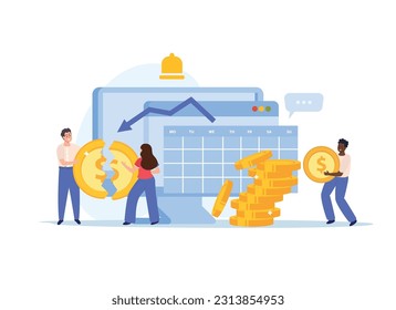 Inestabilidad financiera composición de iconos planos con trabajadores de garabatos separando moneda con gráfico de existencias a la baja y ilustración de vector recordatorio