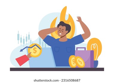 Financial instability flat icons composition with doodle character of broker on fire with coins and stocks vector illustration
