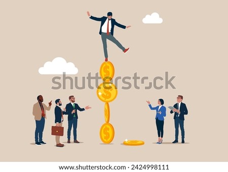 Financial instability. Investor falling from stack of unstable money coins. 