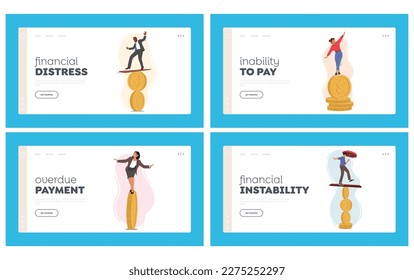 Financial Instability, Risk Landing Page Template Set. Business Characters Balance On Coin. Investments, Impact Of Economic Downturns. People Trying to Keep Balance. Cartoon Vector Illustration