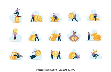 Inestabilidad financiera establecida con íconos aislados planos de monedas con caracteres de obrero de garabatos en la ilustración vectorial de fondo en blanco