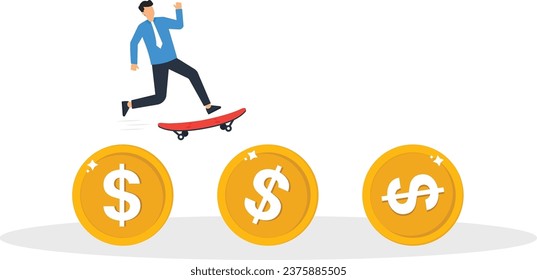 Financial instability, uncertainty or unstable investment market, risky situation or economic recession, crisis or bankruptcy concept, businessman investor falling from stack of unstable money coins.
