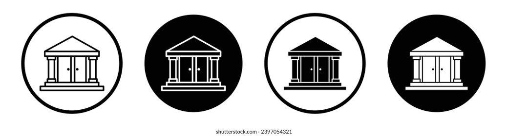 financial institute icon set. government building vector symbol. public school campus sign. court justice icon in black filled and outlined style.